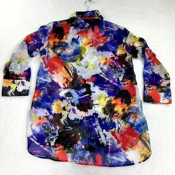JOHN MARK MIXED PRINT BLUE BUTTON FRONT LONG SHEER TUNIC BLOUSE TOP SIZE SMALL - Picture 13 of 13